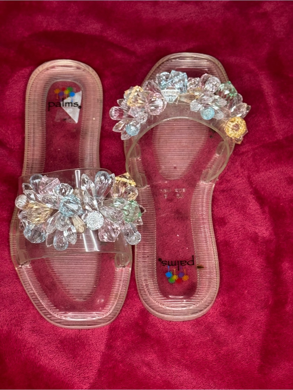 Palms Clear Jeweled Flower Slide Jelly Sandals - Multicolor Crystal Accents